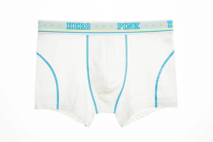 White men's boxer briefs with blue stitching and elastic waistband featuring 'HERO PINK' text
