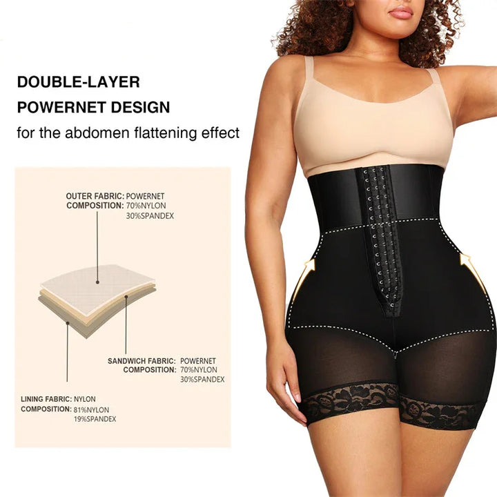 Woman wearing black double-layer Powernet shapewear shorts for abdomen flattening effect with fabric composition details
