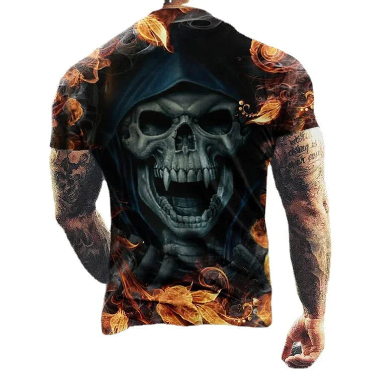 Man wearing black T-shirt with large grim reaper skull hooded design and orange fiery flames