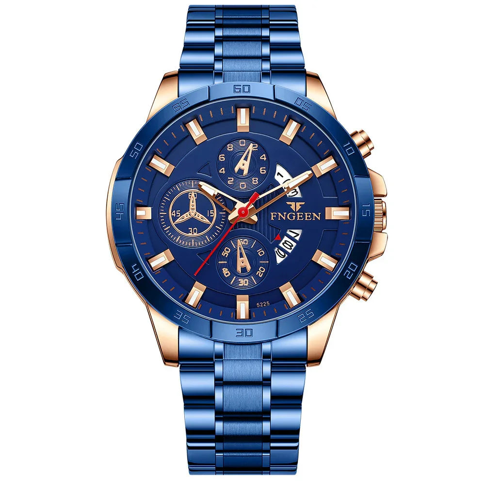 Blue and rose gold men's FNGEEN chronograph wristwatch with metal bracelet and date display