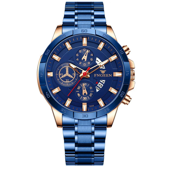Blue and rose gold men's FNGEEN chronograph wristwatch with metal bracelet and date display