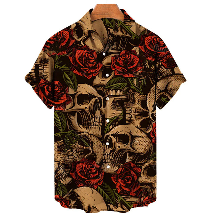 Short sleeve button-up shirt with skull and red rose pattern on black background