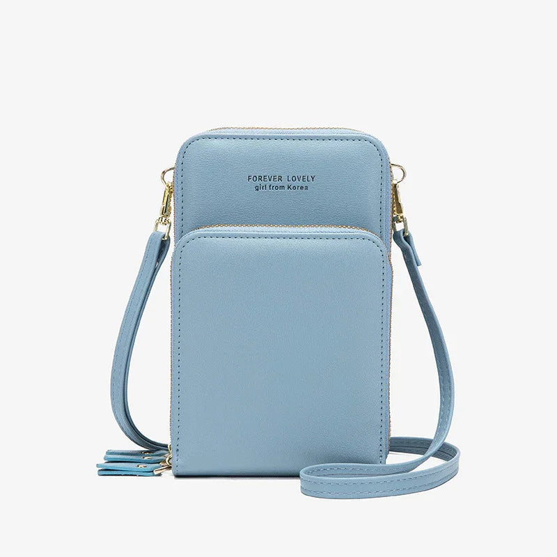 Light blue small crossbody bag with gold zippers and strap, text forever lovely girl from Korea