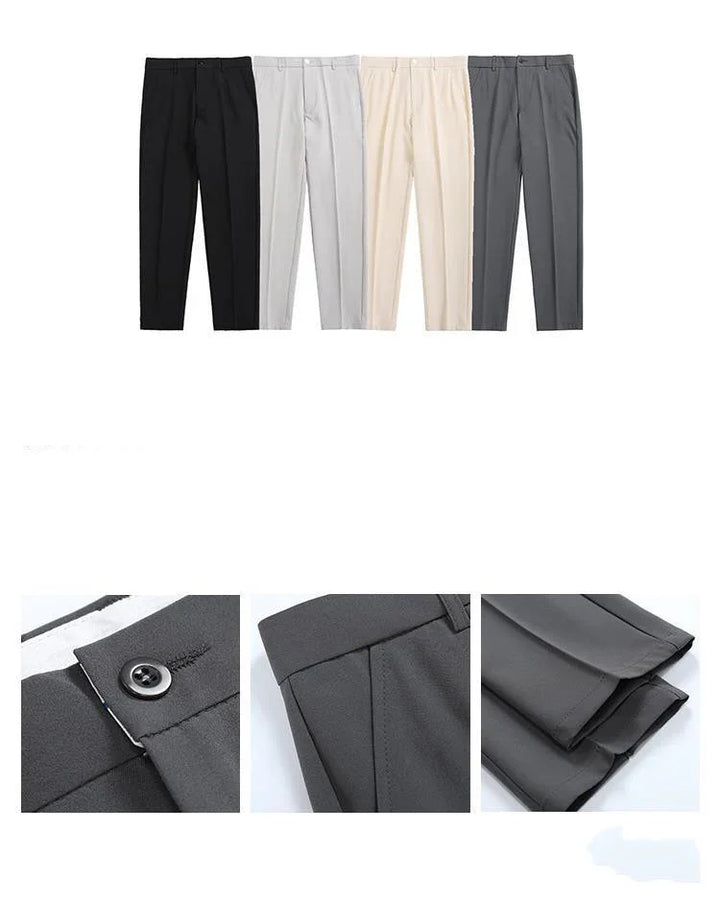 Five pairs of formal trousers in black, light gray, beige, and dark gray with close-ups of waistband, pocket, and hem details