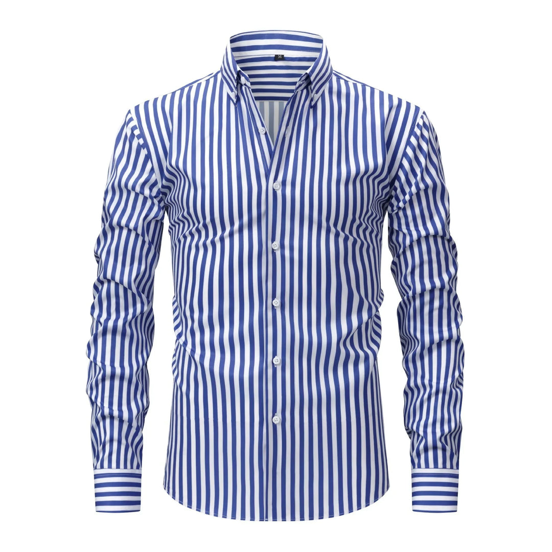 Men's blue and white vertical striped button-up dress shirt with long sleeves