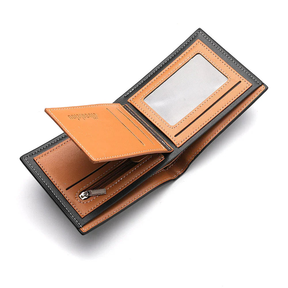 Open black and brown leather wallet with transparent ID slot, card slots, and zippered coin pocket