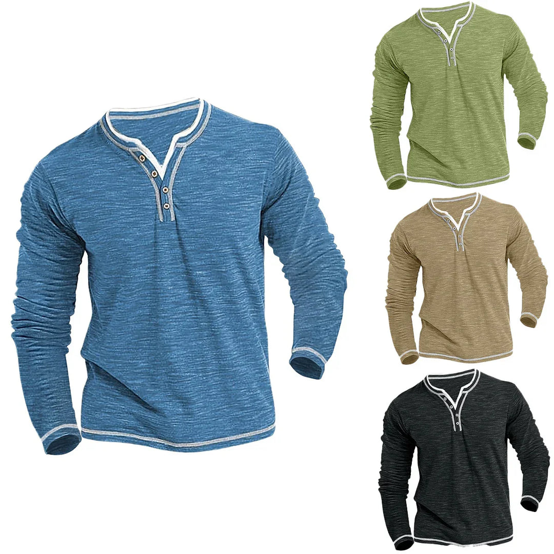 Men's long sleeve henley shirts in blue, green, brown, and black with button placket and white trim