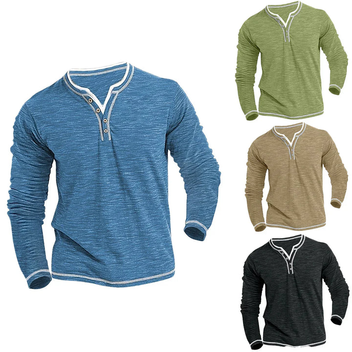 Men's long sleeve henley shirts in blue, green, brown, and black with button placket and white trim