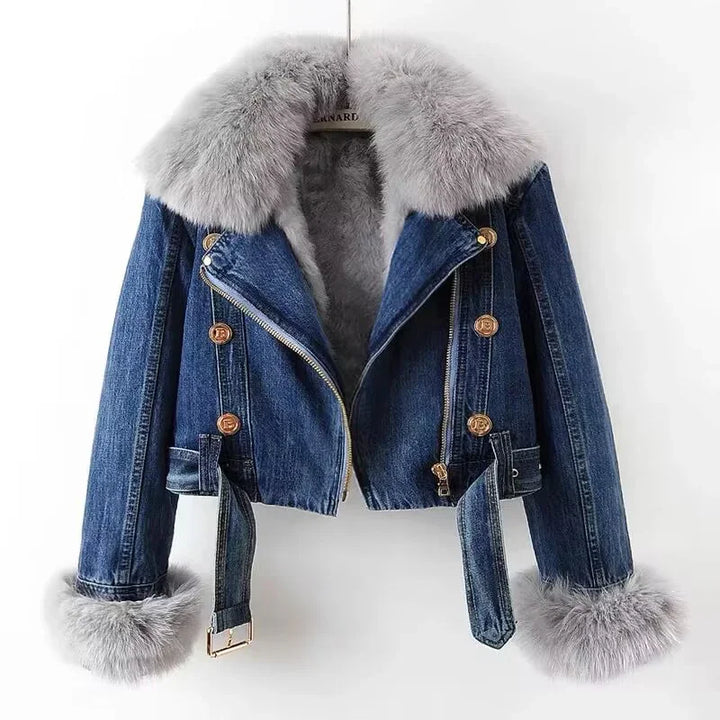 Blue denim cropped jacket with grey faux fur collar and cuffs, gold buttons, and belt detailing