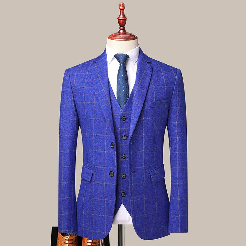 Blue checkered men's suit with matching vest, white shirt, and navy polka dot tie on mannequin