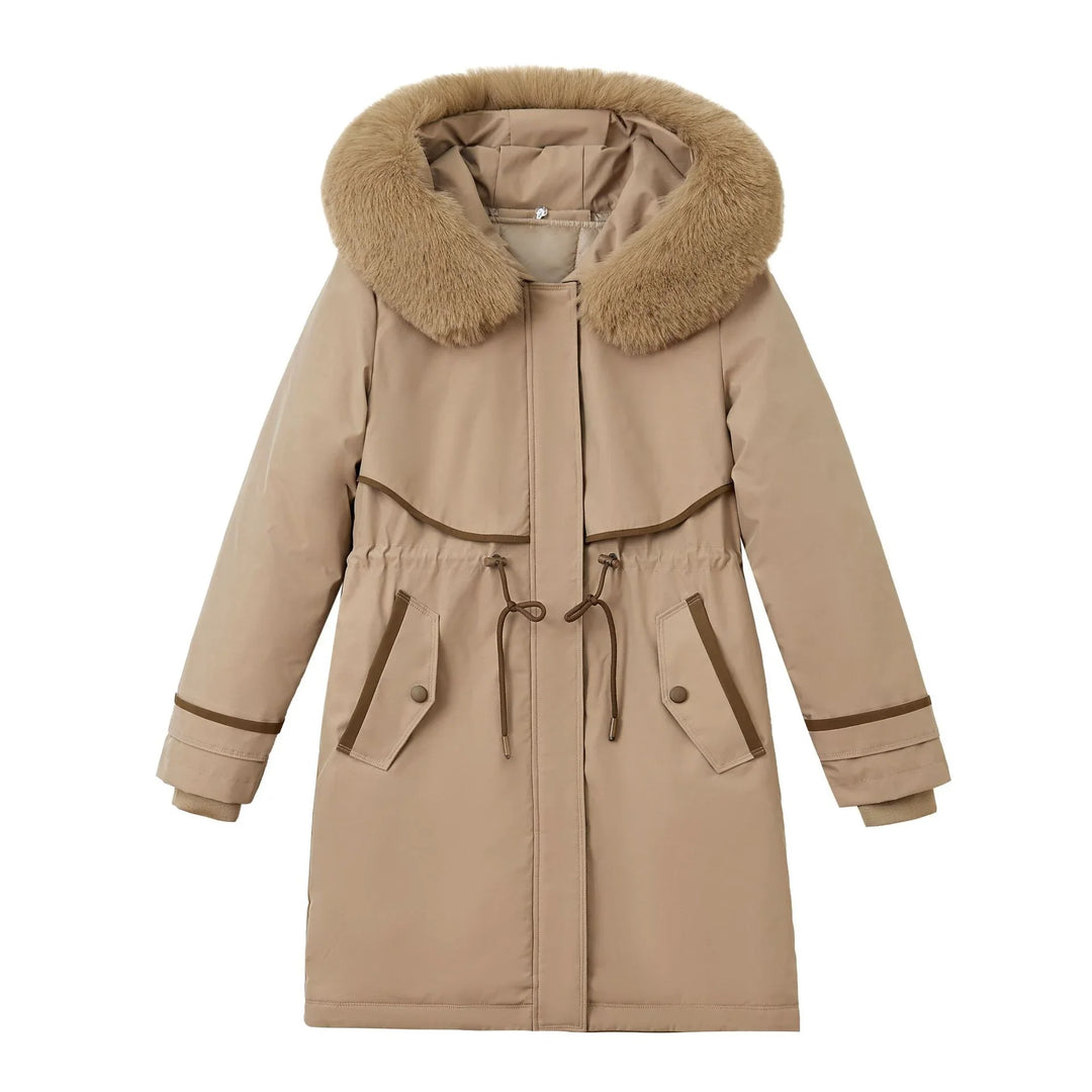 Beige women's winter parka with faux fur collar, drawstring waist, and buttoned pockets