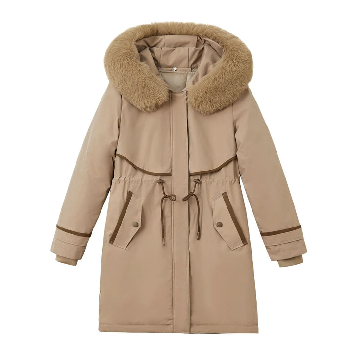 Beige women's winter parka with faux fur collar, drawstring waist, and buttoned pockets