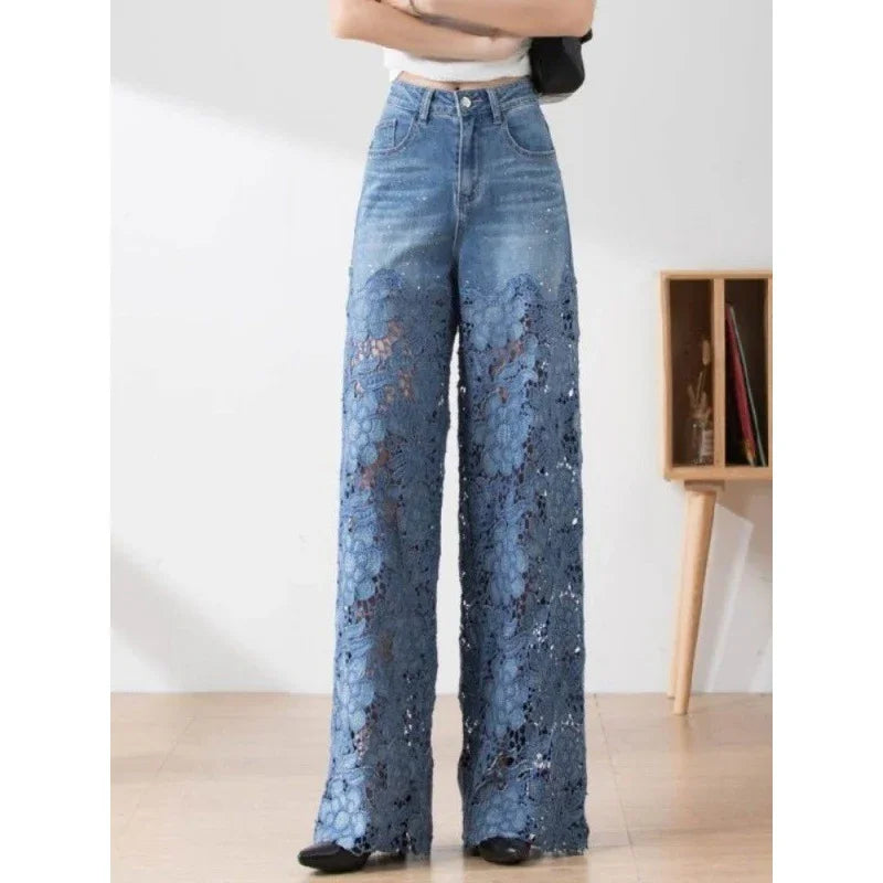 High-waist wide-leg denim jeans with floral lace overlay for women fashion