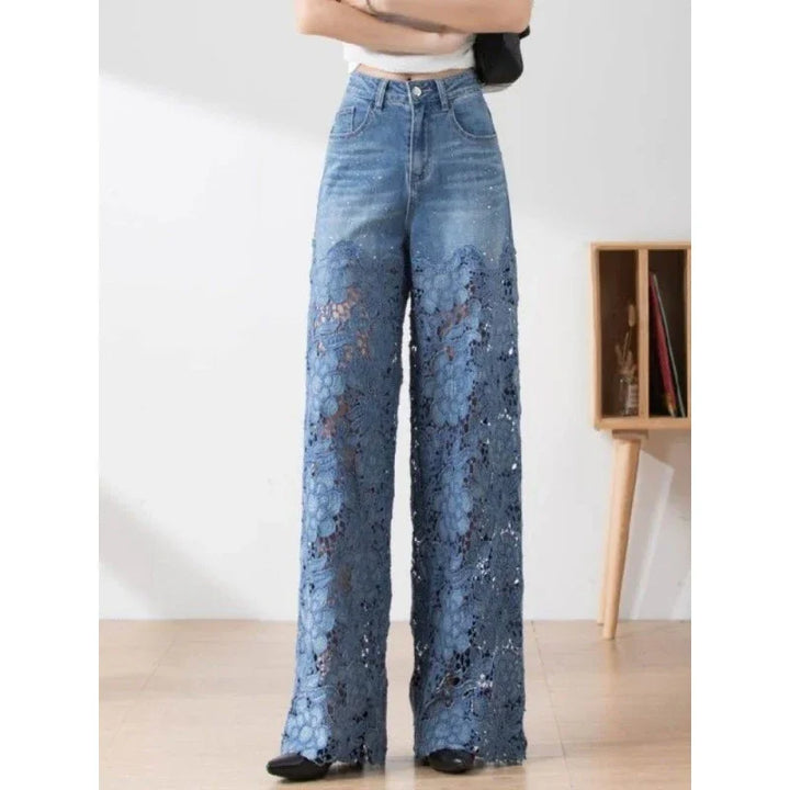 High-waist wide-leg denim jeans with floral lace overlay for women fashion