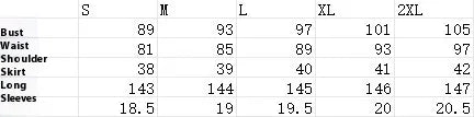 Size chart for women's clothing with measurements for bust, waist, shoulder, skirt length, and sleeves