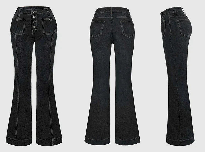 Black high-waisted flare jeans showing front, back, and side views with button fly and pockets