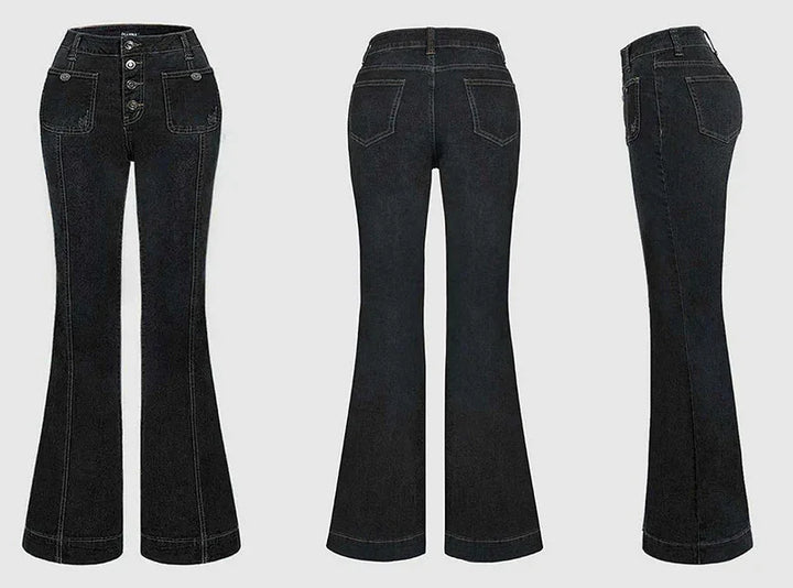 Black high-waisted flare jeans showing front, back, and side views with button fly and pockets