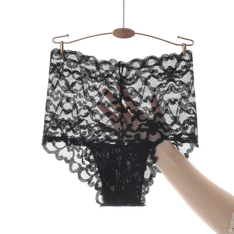 Black lace high-waisted women's underwear with floral pattern held on hanger