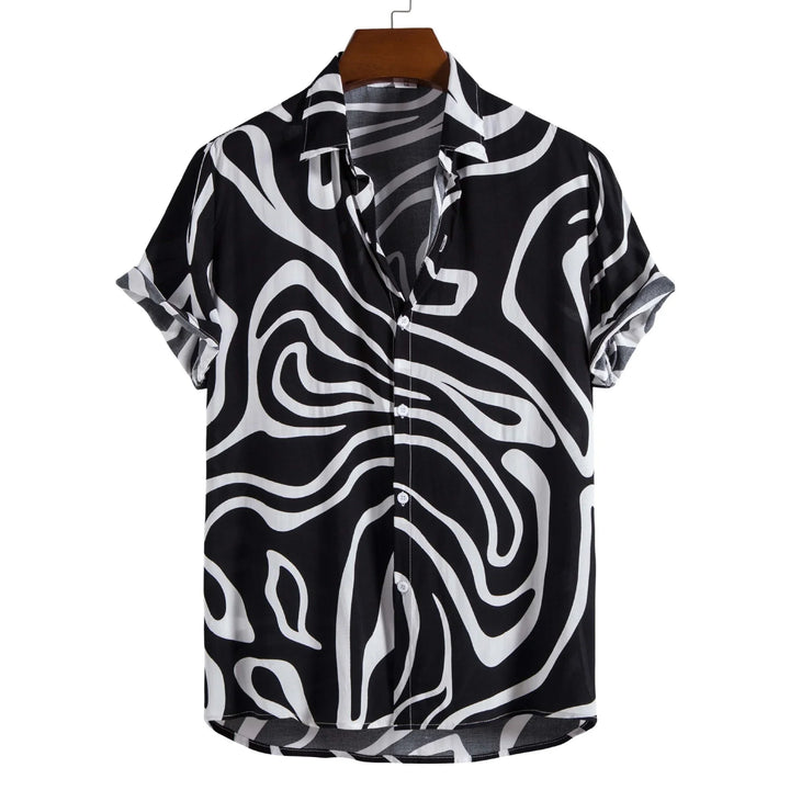 Black and white abstract pattern short sleeve button-up shirt on wooden hanger