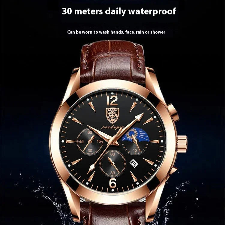 Poedagar men's wristwatch with brown leather strap, black dial, gold case, and 30 meters waterproof feature