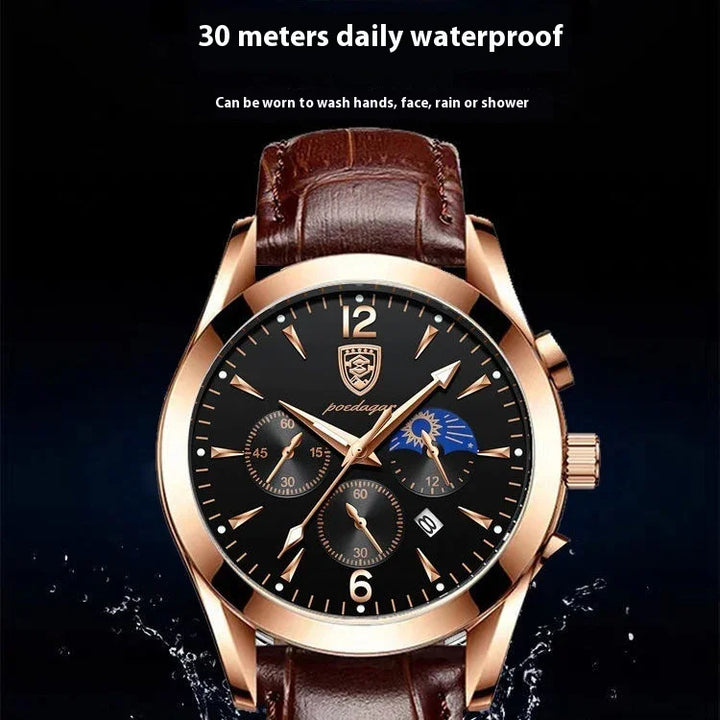Poedagar men's wristwatch with brown leather strap, black dial, gold case, and 30 meters waterproof feature