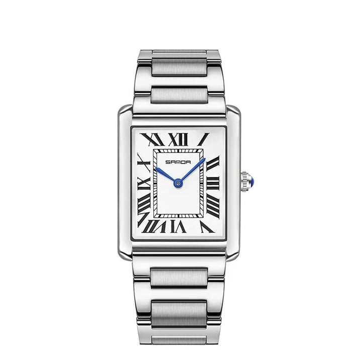 Silver rectangular wristwatch with Roman numerals, blue hands, and stainless steel bracelet