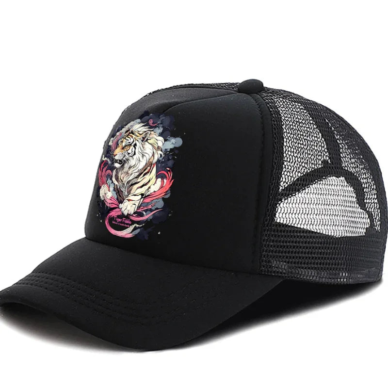 Black mesh trucker cap with embroidered white tiger and pink smoke design on front panel