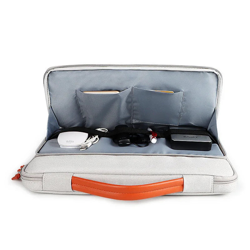 Gray electronic organizer case with orange handle holding cables, earbuds, and gadgets