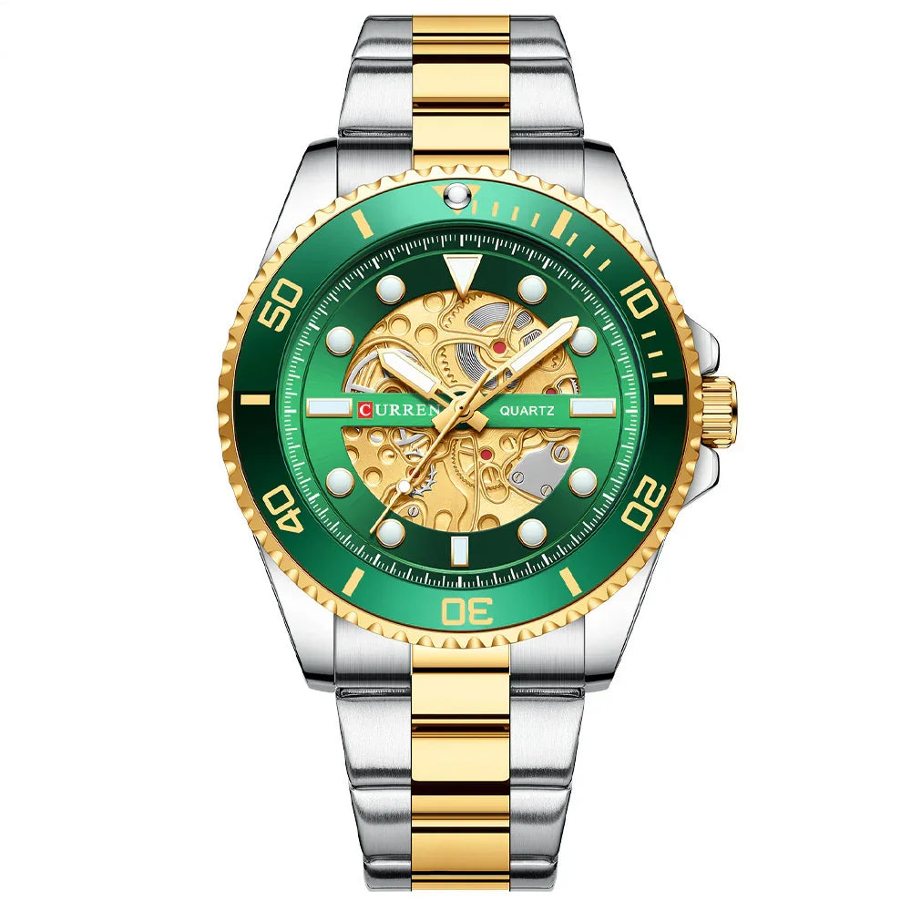 Curren quartz men's wristwatch with gold and silver stainless steel band, green bezel, and skeleton dial