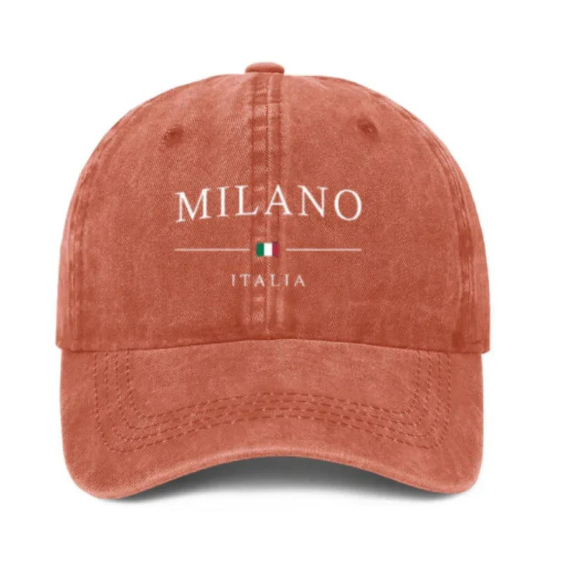 Rust-colored baseball cap with Milano Italia text and Italian flag embroidery
