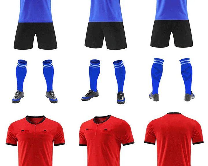 Blue and black soccer uniform with socks and cleats, plus red referee shirts shown front and back