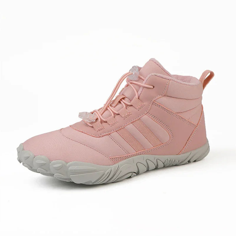 Pink high-top athletic shoe with gray sole and lace locks on white background