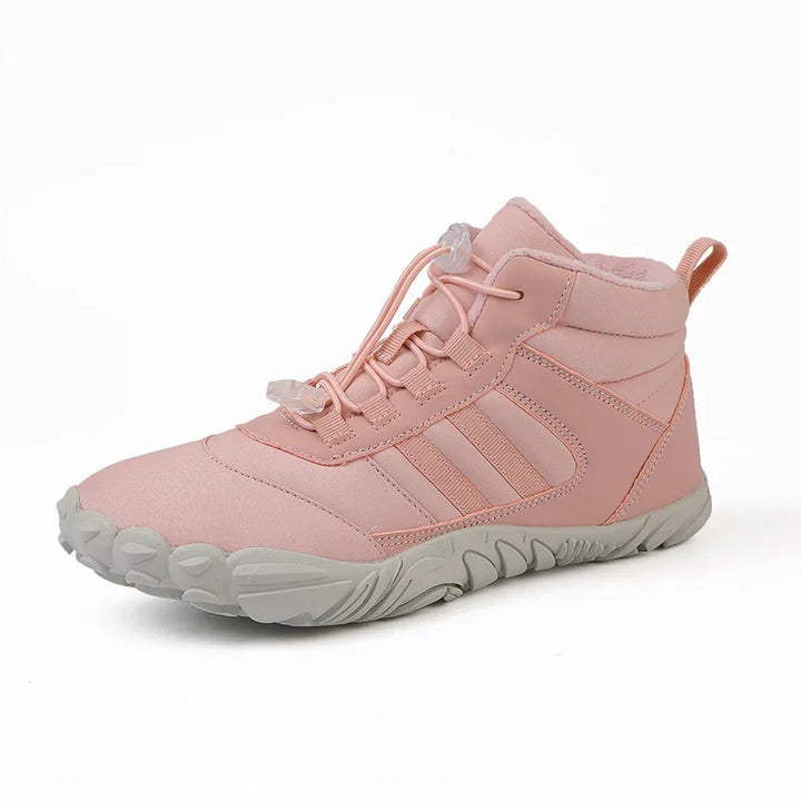 Pink high-top athletic shoe with gray sole and lace locks on white background