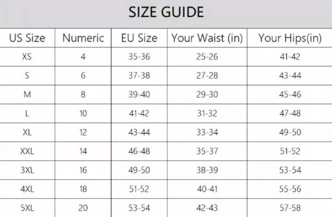 Clothing size guide chart with US, Numeric, EU sizes and waist and hips measurements in inches