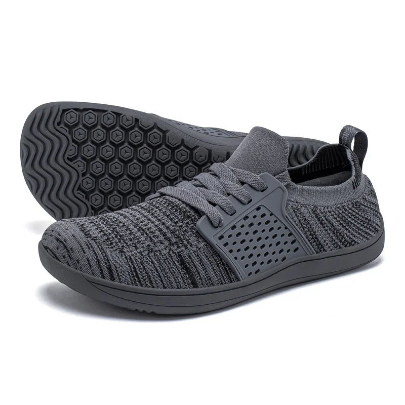 dark gray breathable knit sneakers with rubber sole and lace-up design