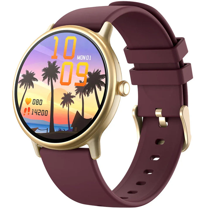 Gold smartwatch with maroon strap displaying time, date, heart rate 80, steps 14200, tropical sunset watch face