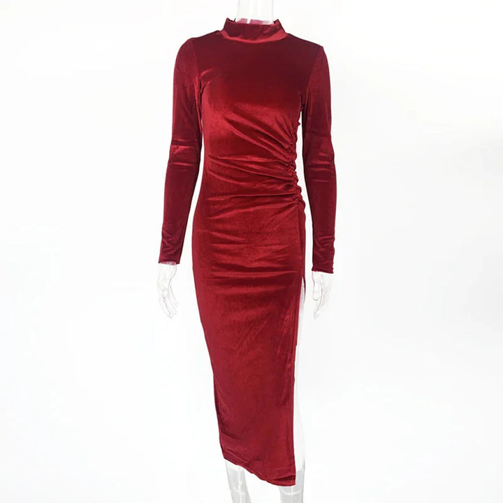 Red velvet long-sleeve midi dress with ruched waist on transparent mannequin