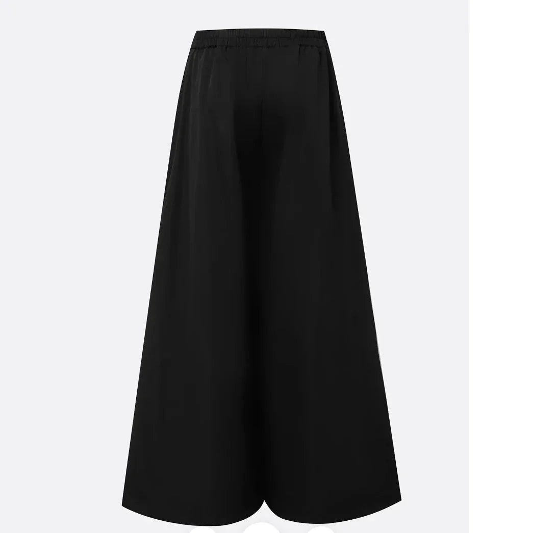 Black wide-leg pants with elastic waistband on white background
