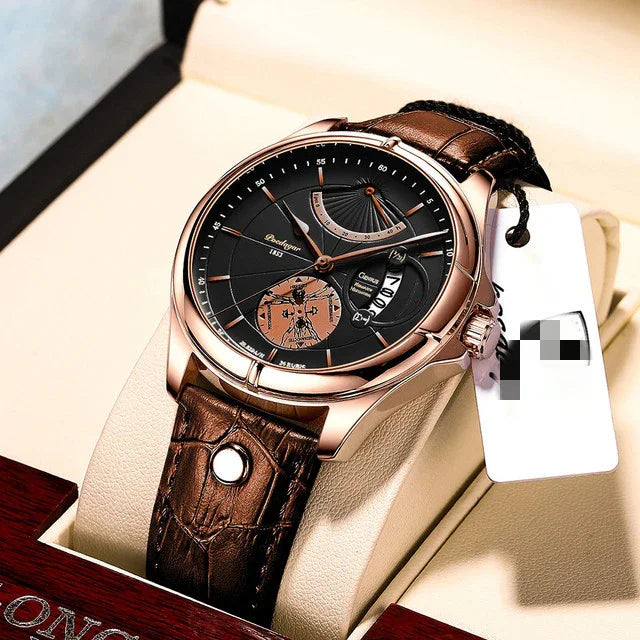 Luxury men's wristwatch with black dial, rose gold case, and brown leather strap on display cushion
