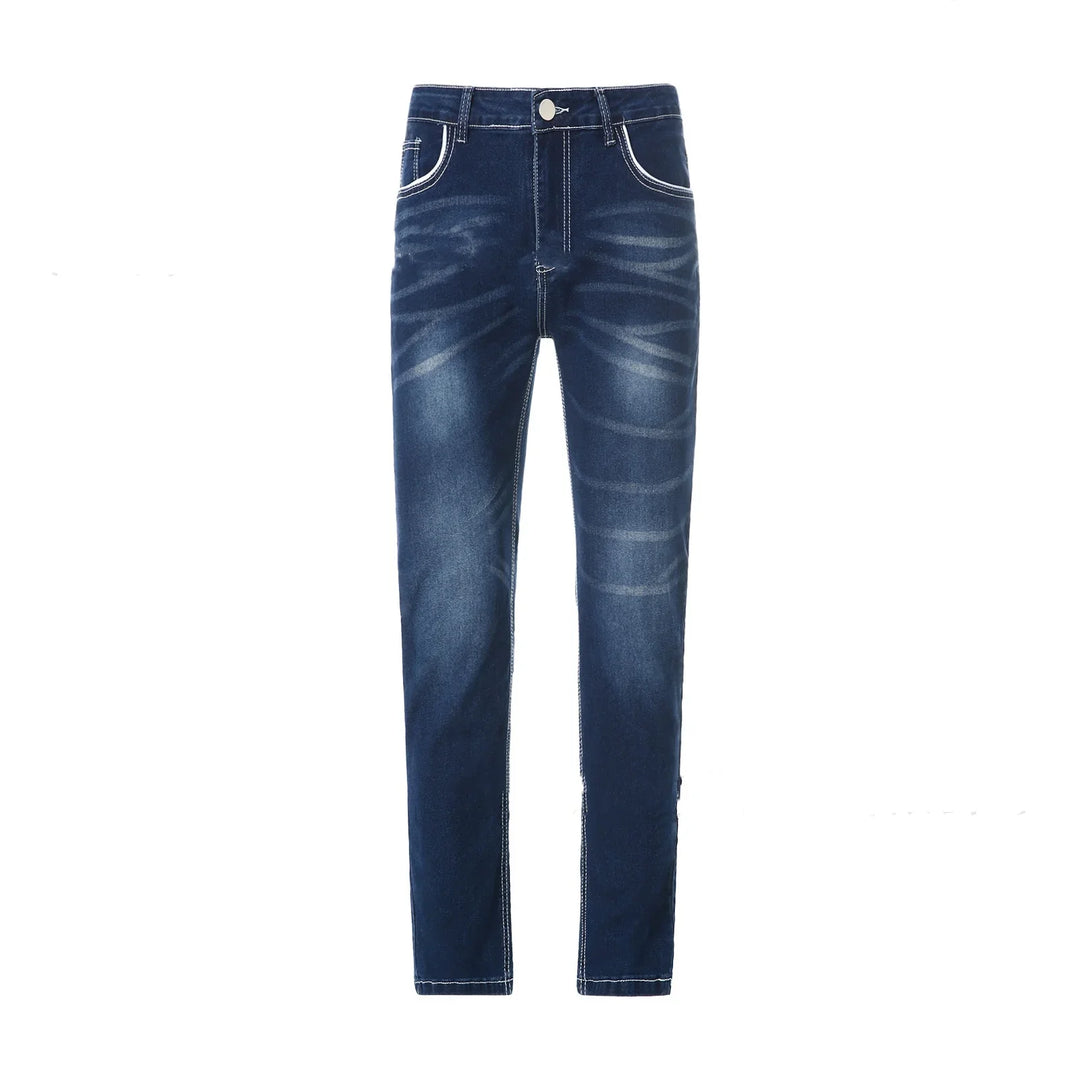 Dark blue slim-fit jeans with faded tiger stripe pattern and contrast stitching