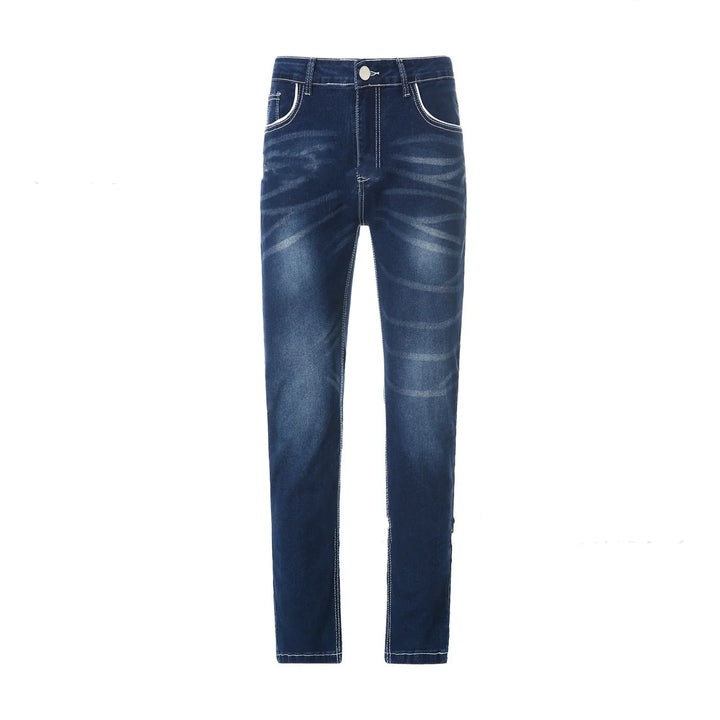 Dark blue slim-fit jeans with faded tiger stripe pattern and contrast stitching