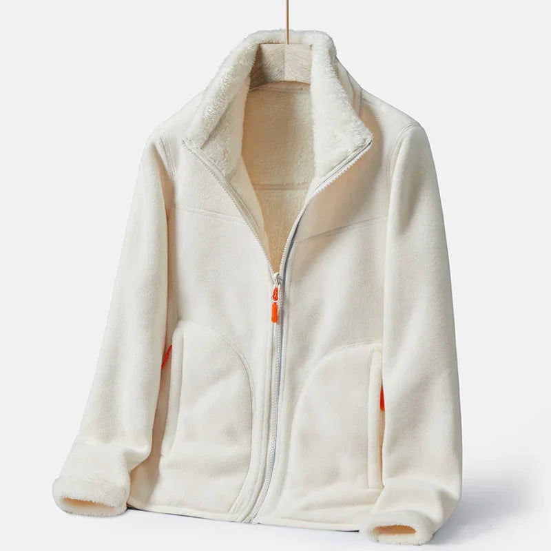Cream white fleece jacket with full zipper and orange zipper pulls on front pockets