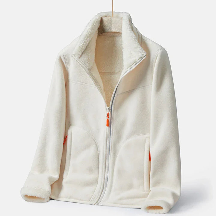Cream white fleece jacket with full zipper and orange zipper pulls on front pockets