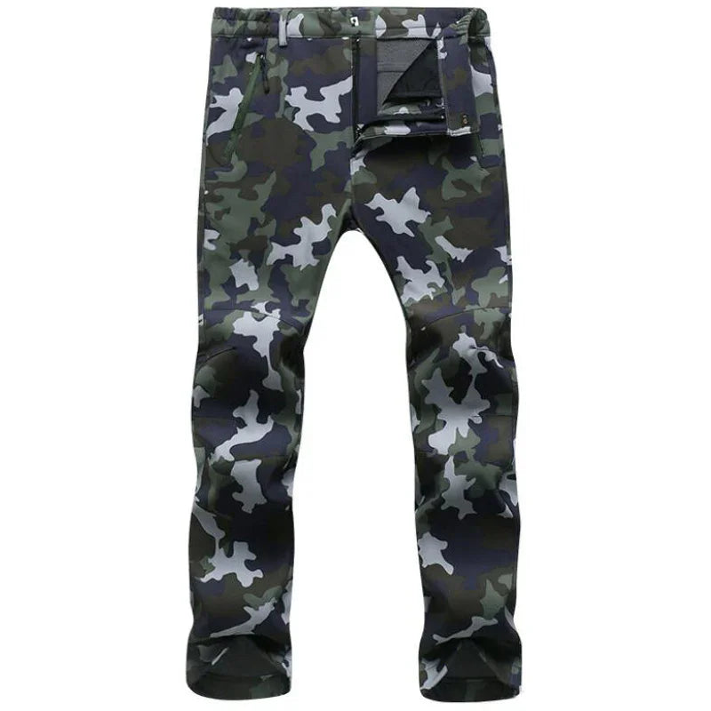 Men's camouflage print tactical pants with zipper fly and multiple pockets