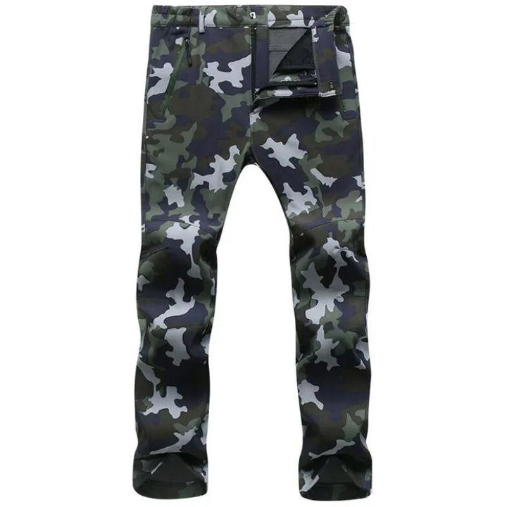 Men's camouflage print tactical pants with zipper fly and multiple pockets