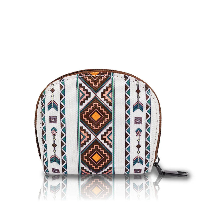 Small fabric coin purse with geometric tribal pattern and zipper closure on white background