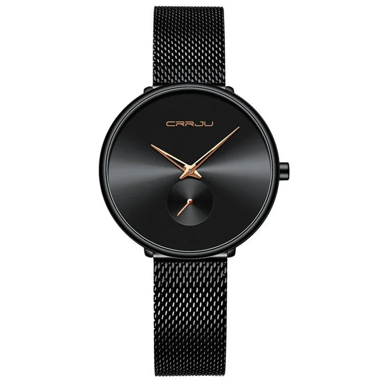 Minimalist black CRRJU wristwatch with rose gold hands and black mesh strap