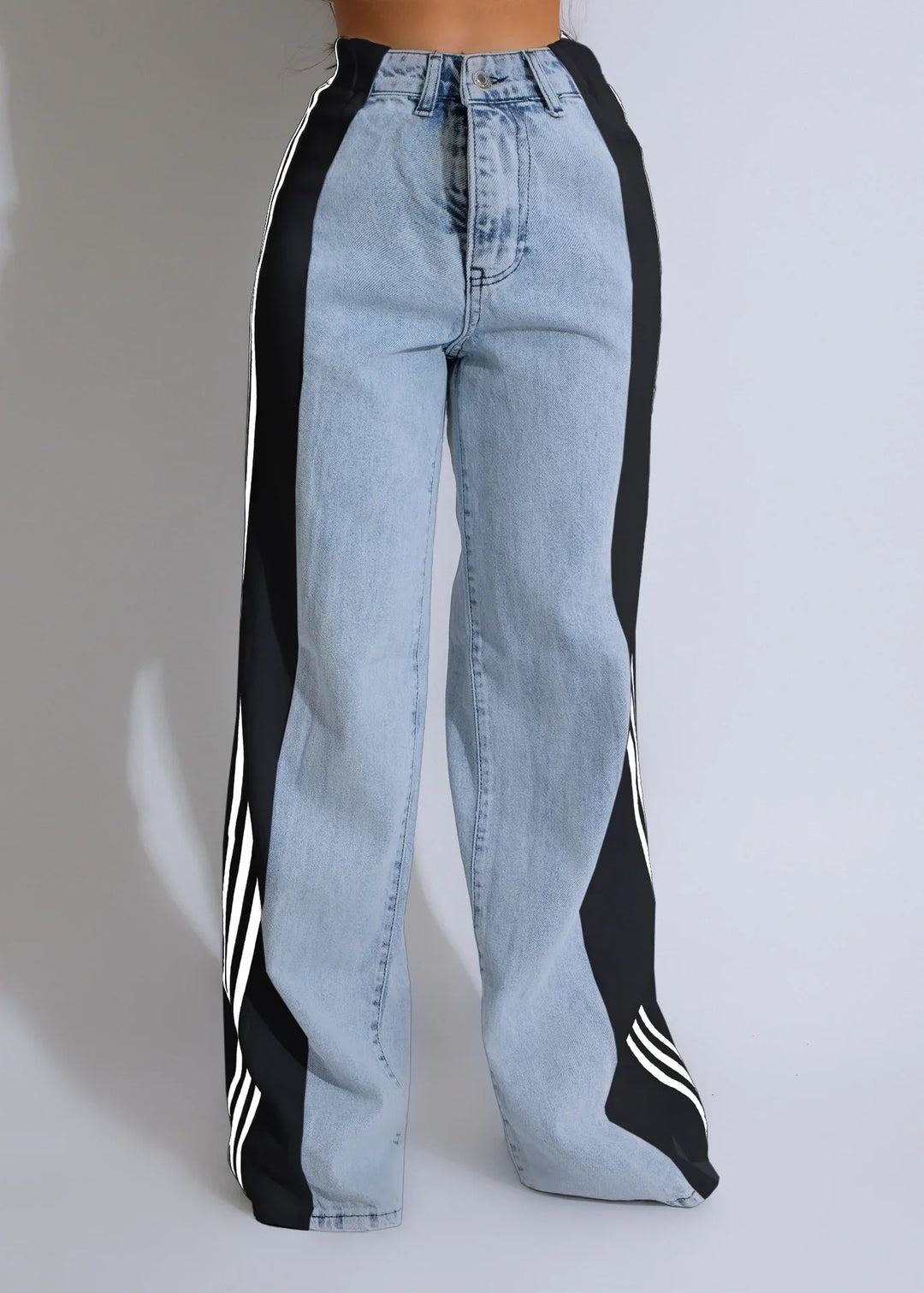 Light blue high-waisted wide-leg jeans with black and white side panels