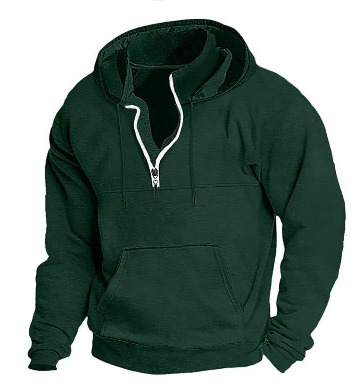 Dark green pullover hoodie with white half zipper and front kangaroo pocket