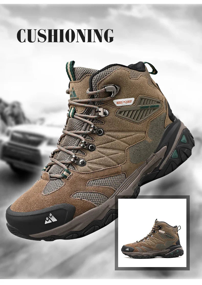 Brown hiking boot with cushioning and durable grip sole on blurred outdoor background